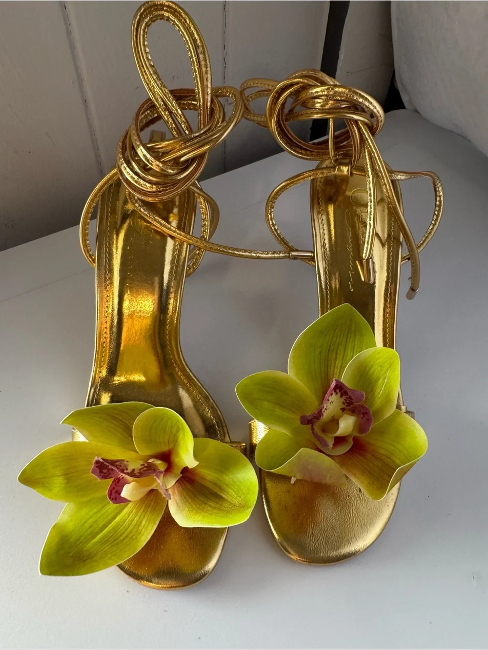 Miss Lola Gold with Green Floral Embellished High Heel Sandals